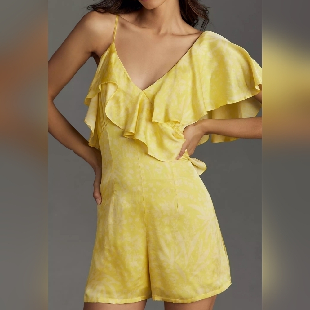 Corey Lynn Calter Women's One-Shoulder Ruffle Romper, Yellow, Small